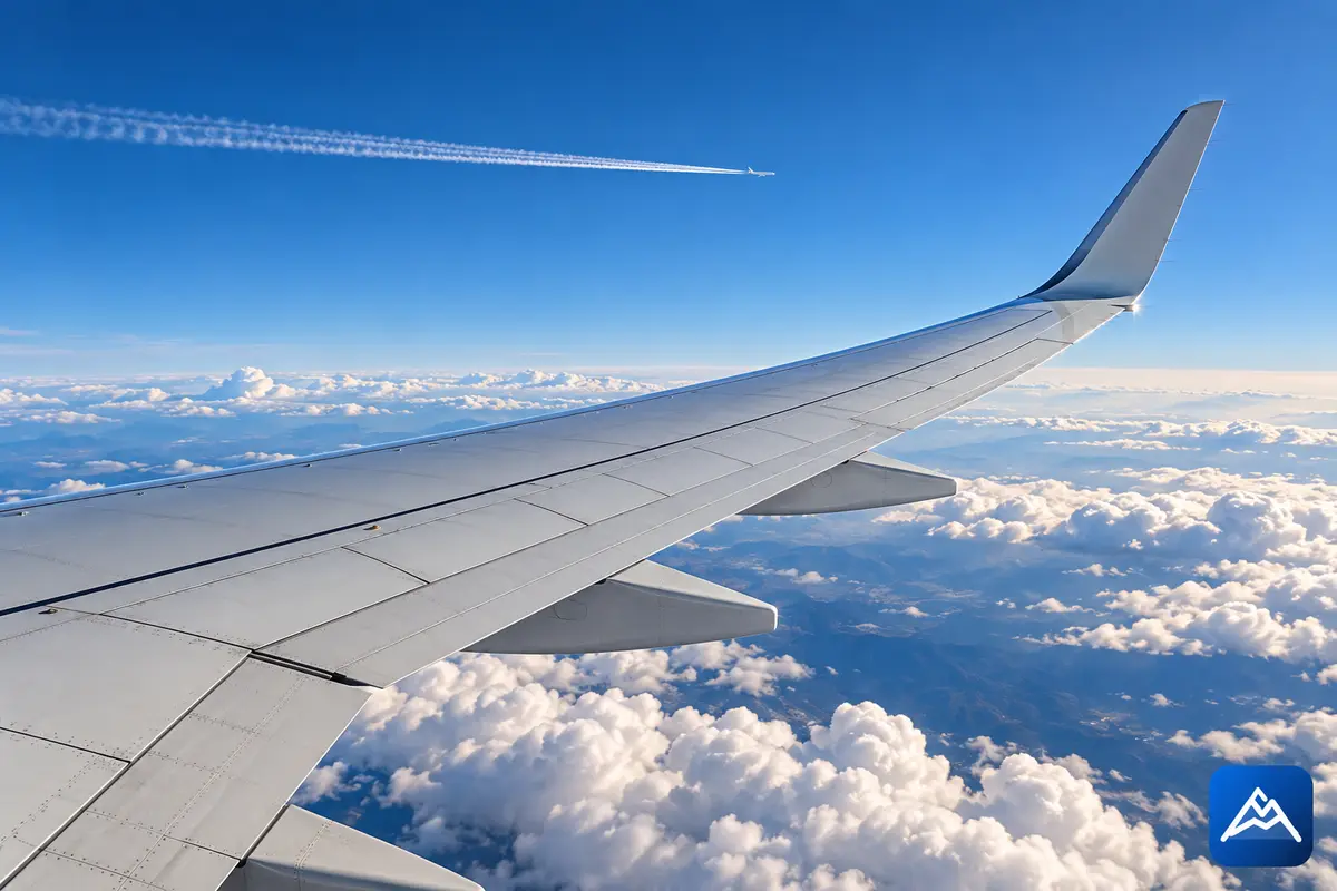 Asa de avião flexionando suavemente durante o voo com rastro de condensação ao fundo