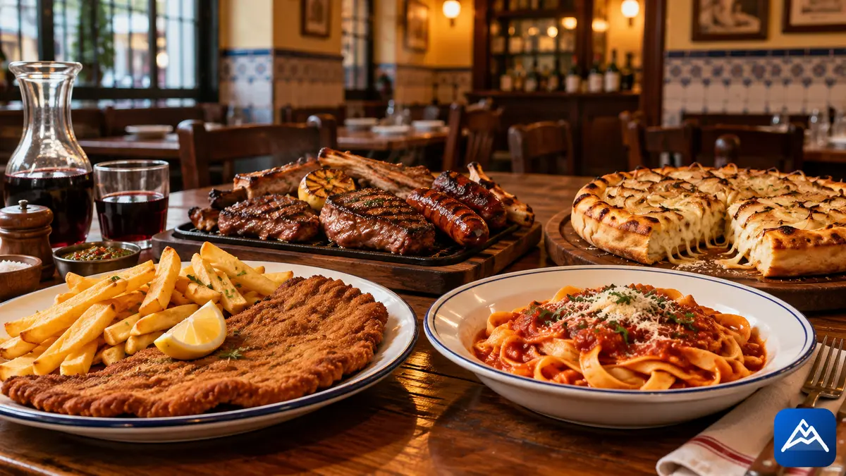 Mesa de bodegón com parrilla, milanesa, massa e fugazzeta em Buenos Aires