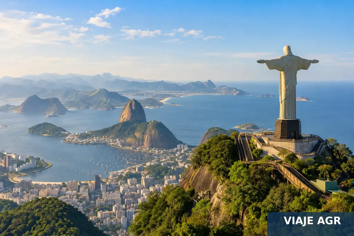 Cristo Redentor com o Pão de Açúcar e a Baía de Guanabara ao fundo