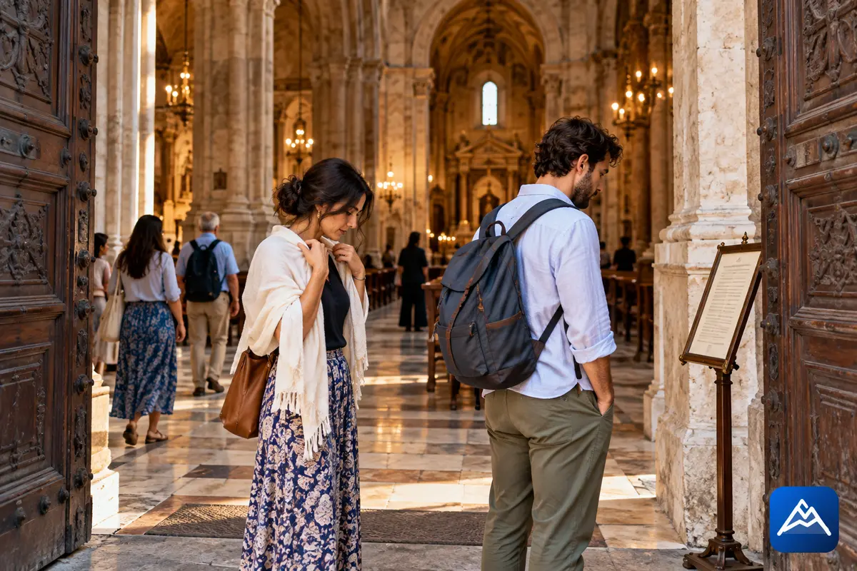 Viajantes conferindo as regras antes de entrar em uma igreja europeia