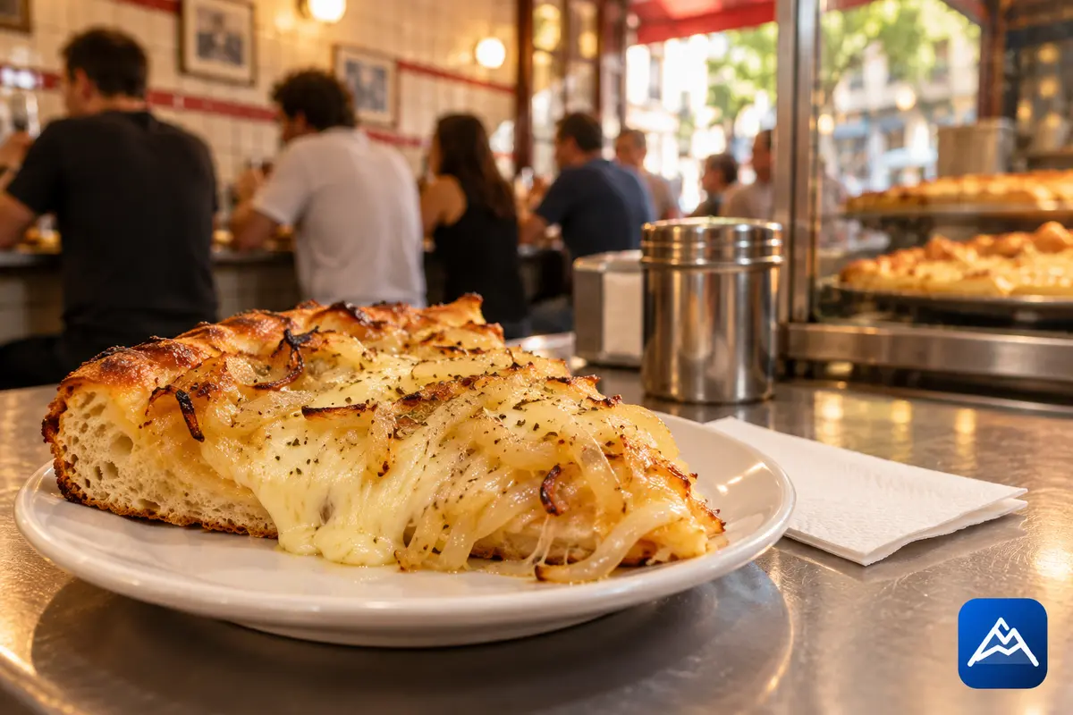 Fatia de fugazzeta com queijo e cebola em uma pizzaria de bairro de Buenos Aires
