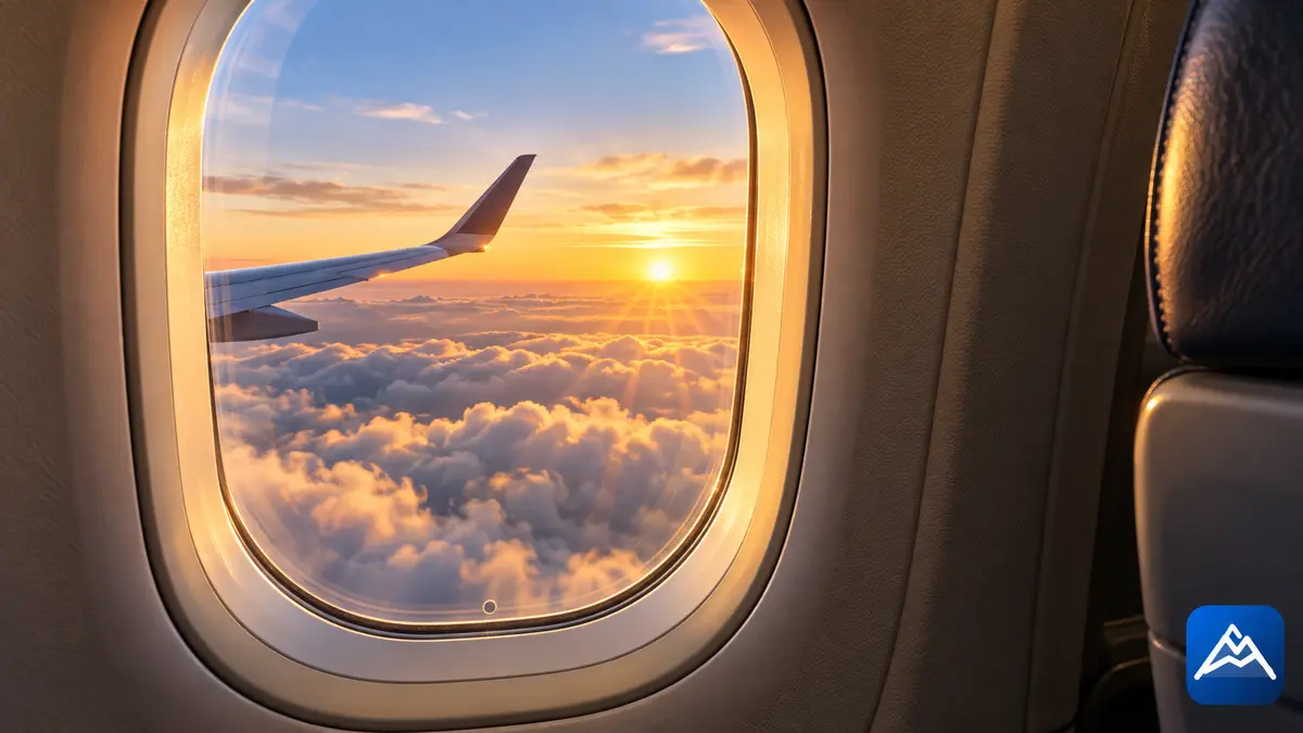 Janela arredondada de avião com vista para as nuvens ao nascer do sol