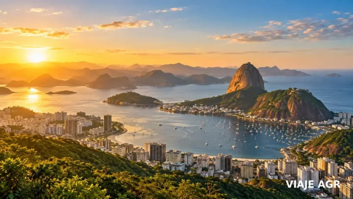 Vista panorâmica do Rio de Janeiro com o Pão de Açúcar ao pôr do sol